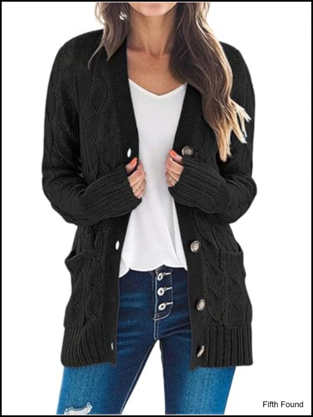Womens Cable Knit Button Down Cardigan Long Sleeve V-Neck Two Pocket